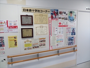 室内廊下の掲示場所の画像。「日本赤十字コーナー」という文字と、複数のパンフレットや表彰状が貼られている。